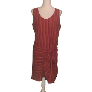 Drew Sz M Women's Striped Red Pink Orange Linen Blend Wrap Waist Tie Front Dress